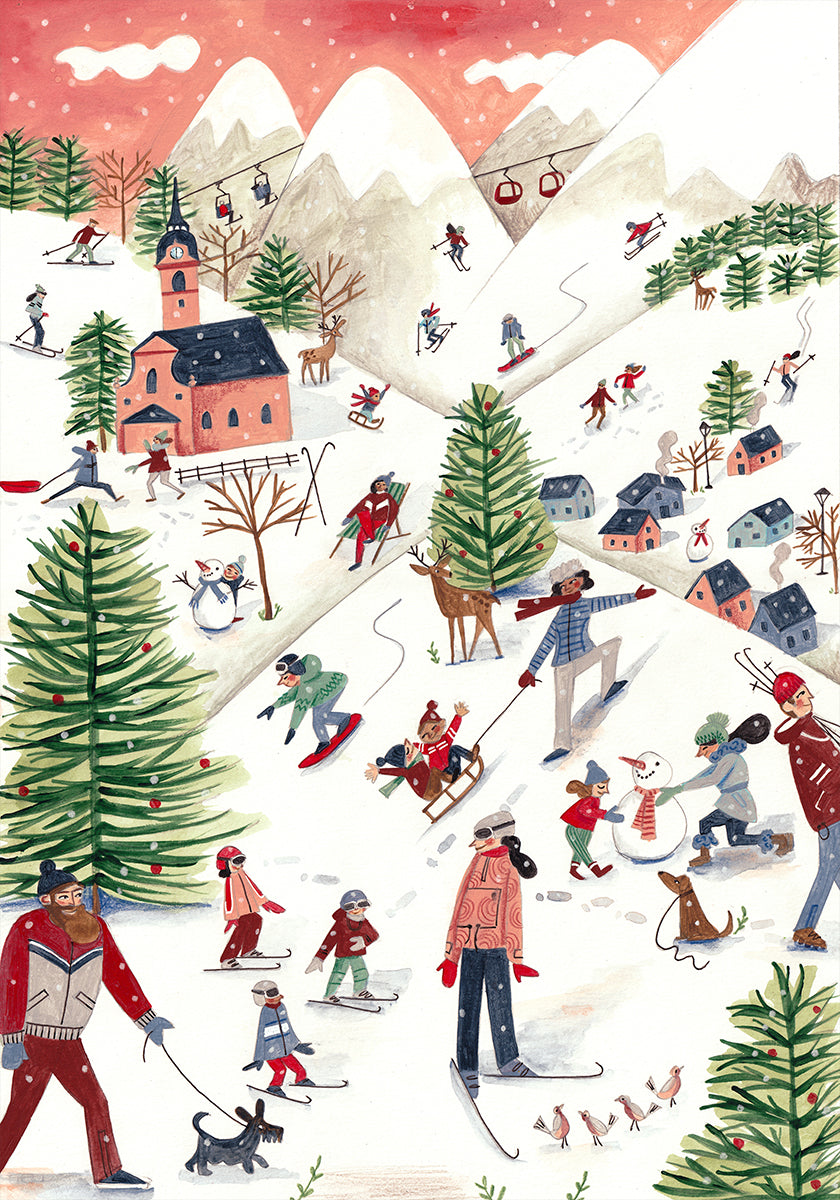 Mountain landscape with houses in the snow Plakat