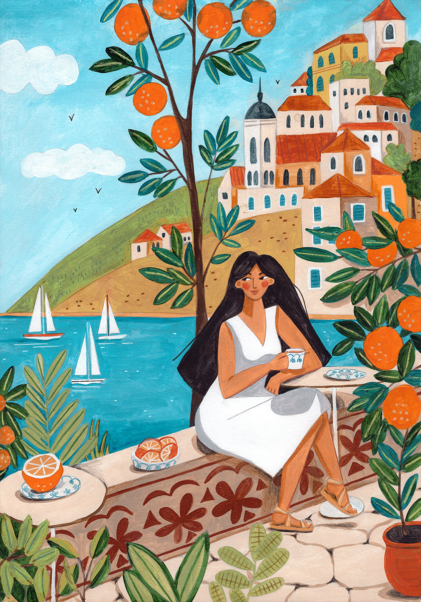 Femeie afiș de călătorie pe coasta Mediteranei