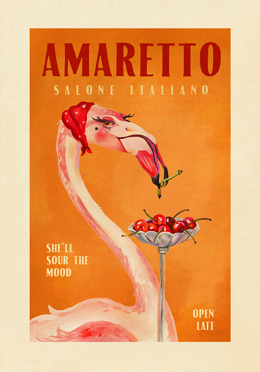 Amaretto Flamingo Art Deco Italienesch Cafe Travel Art Poster