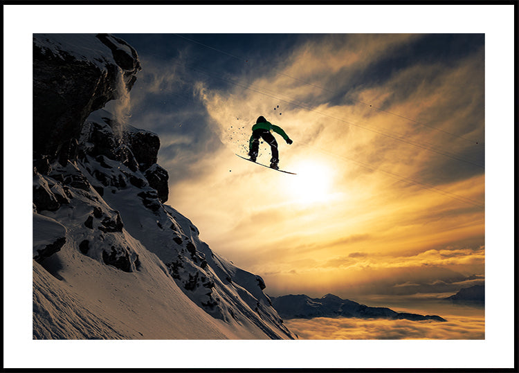 Poster de snowboarding la apus de soare