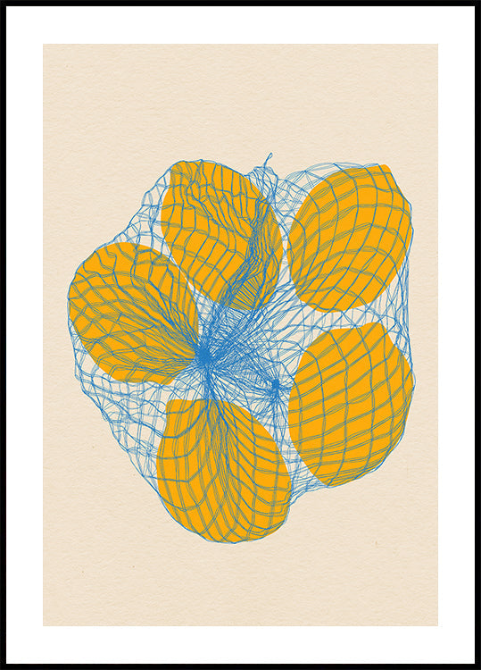 Plagát s piatimi citrónmi v sieťovej taške