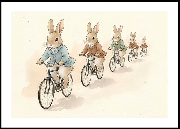 Plakatas „Bunny Friends on Bicycles“.
