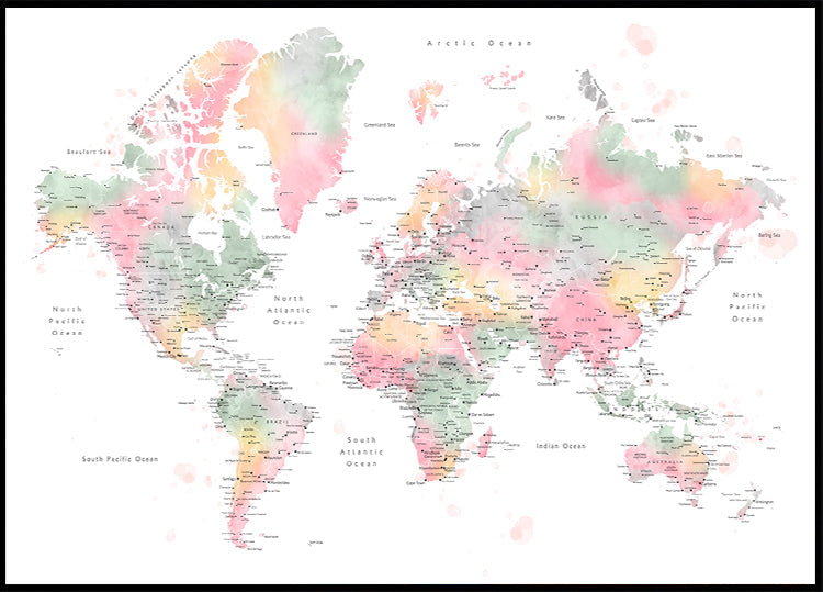 Pastelová akvarelová mapa sveta s mestami, Anjah