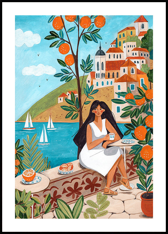 Femeie afiș de călătorie pe coasta Mediteranei