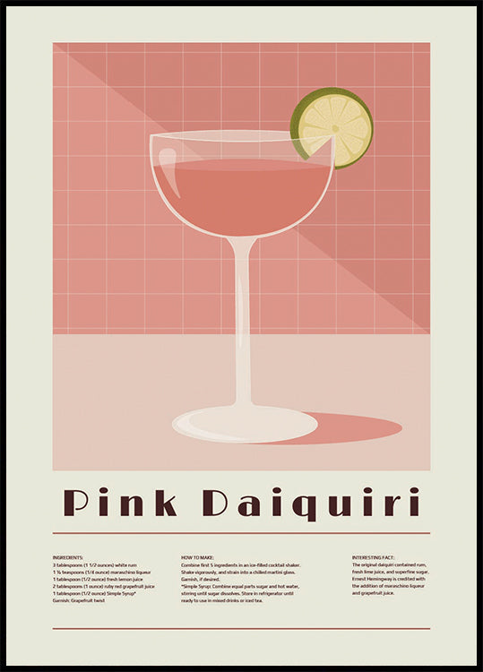 Roosa Daiquiri kokteil, retroretsepti plakat