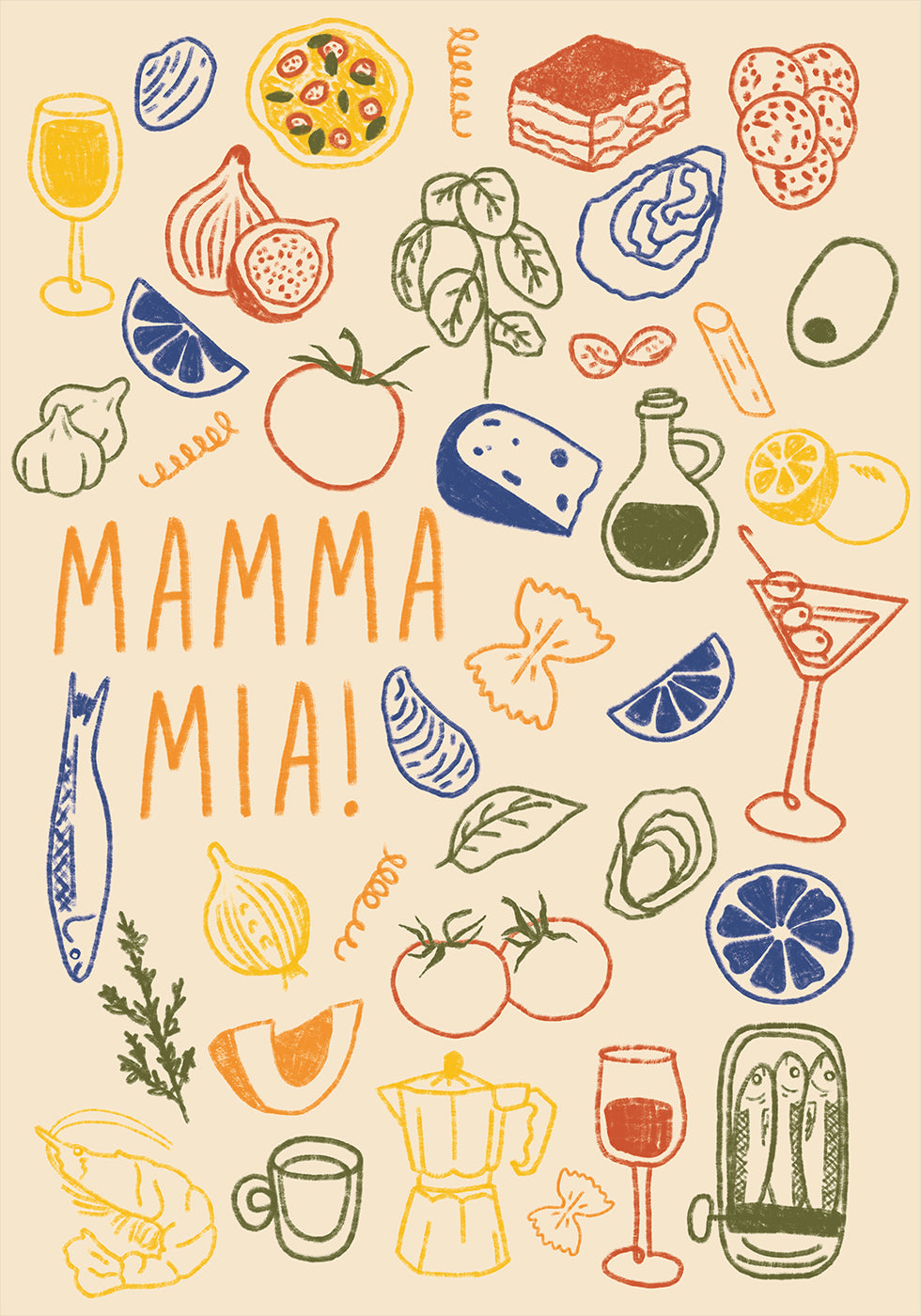 Mamma Mia!, Playful Italienesch Kichen mat faarwege Liewensmëttel Illustratiounen Poster