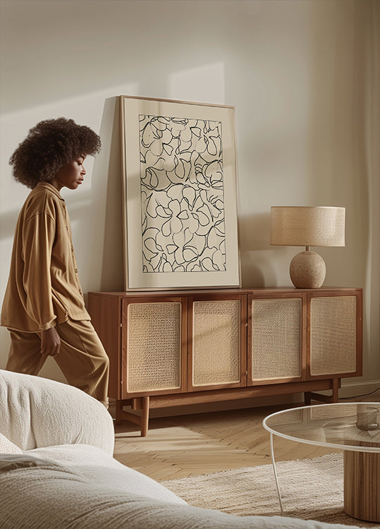 Plakāts ar bezšuvju zīmētu ziedu rakstu