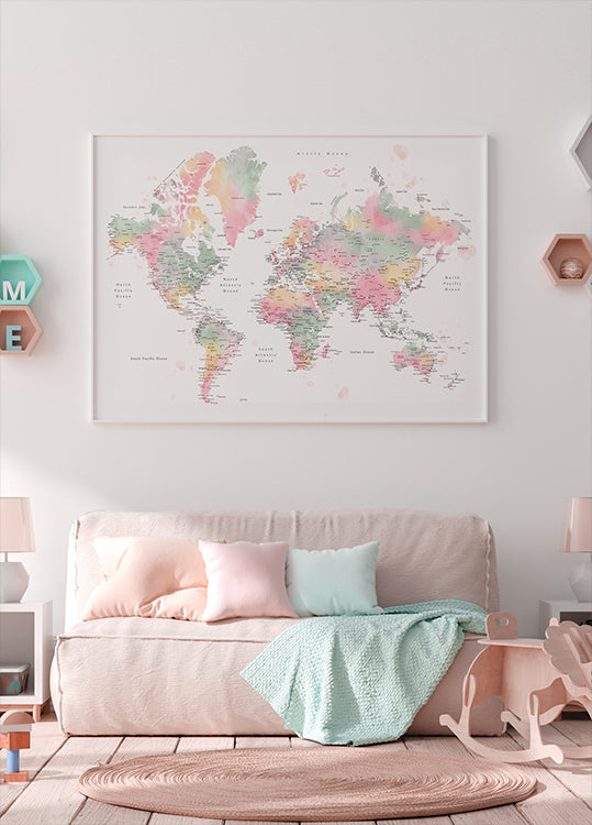 Pastelová akvarelová mapa sveta s mestami, Anjah