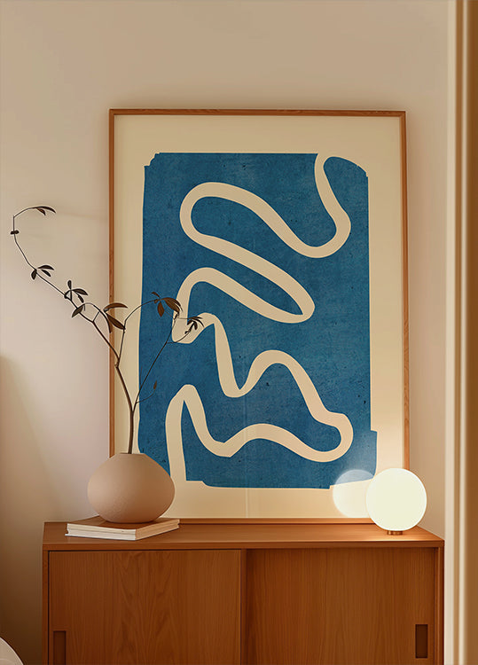 Geometrinis abstraktus minimalus mėlynas plakatas