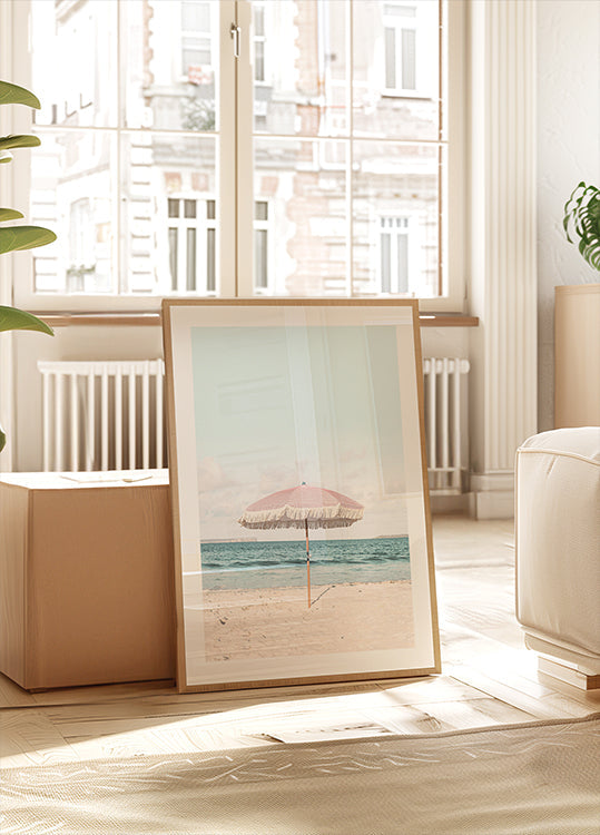 Plagát s ružovým dáždnikom