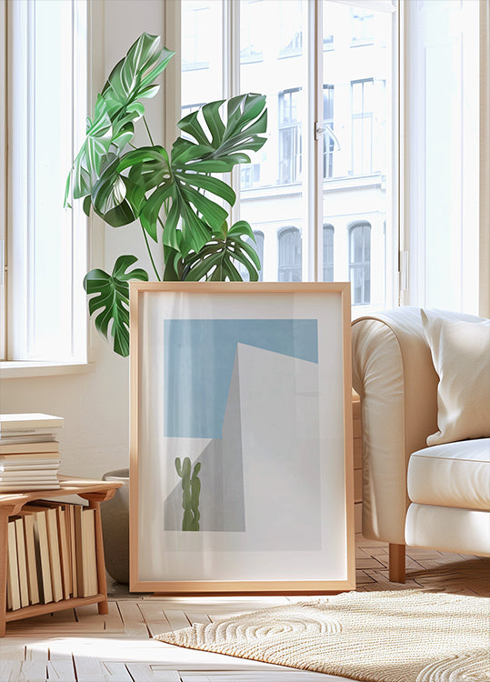 Minimalus dykumos vaizdas, kaktuso ir geometrijos plakatas