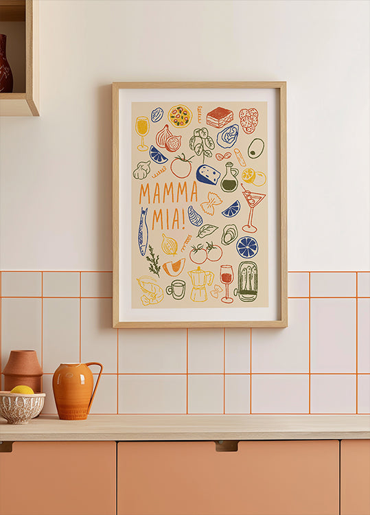 Mamma Mia!, Playful Italienesch Kichen mat faarwege Liewensmëttel Illustratiounen Poster