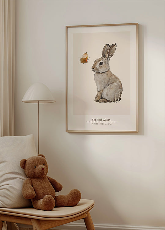 Baby Bunny And Butterfly, Personalized Baby Girl Plakat - Posterbox.dk