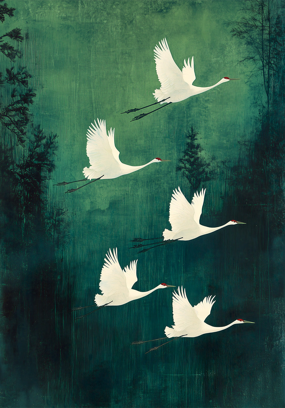 Elegant Flying Cranes Plakat - Posterbox.dk