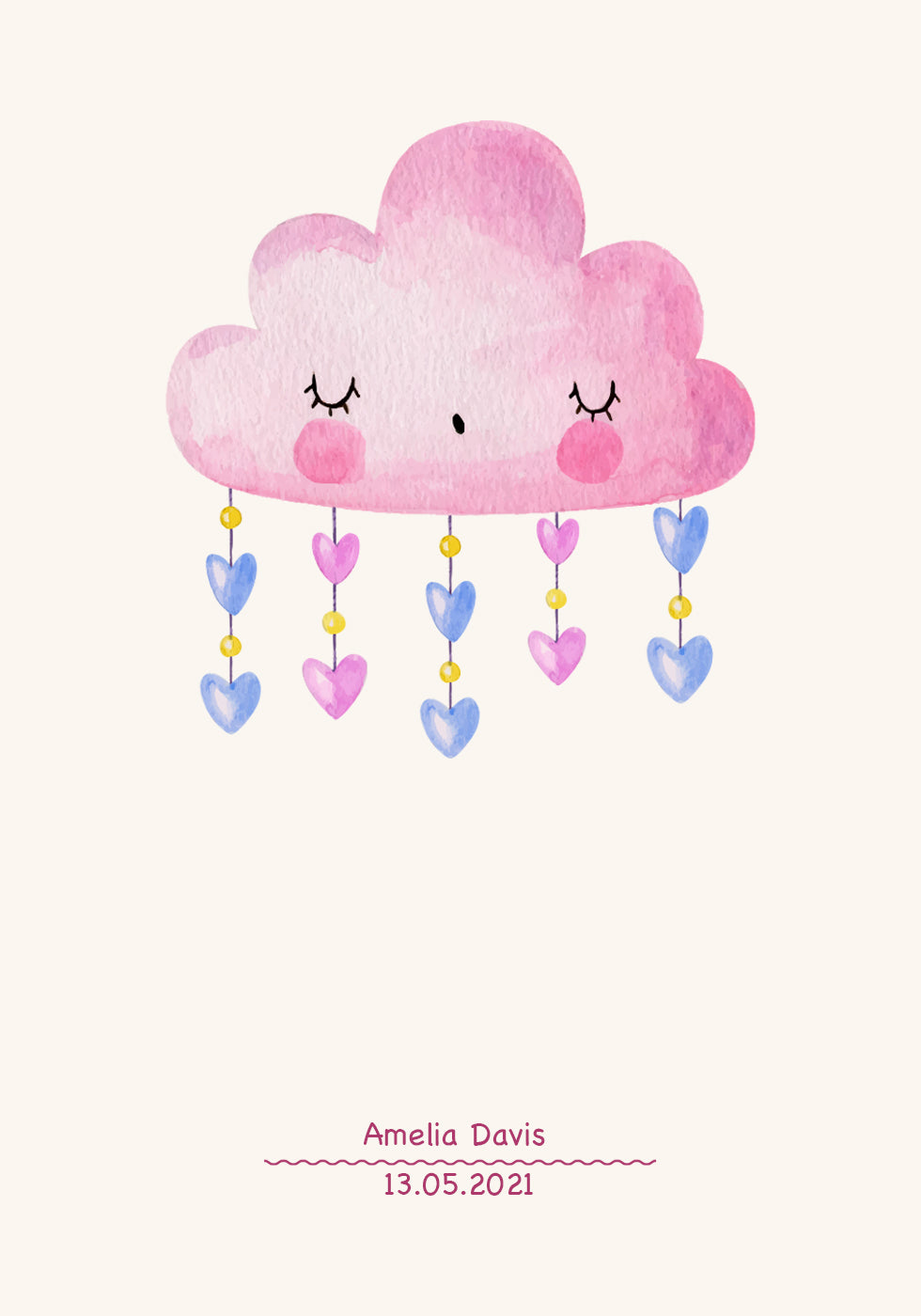 Pink Watercolor Cloud, Personalized Baby girl Plakat - Posterbox.dk