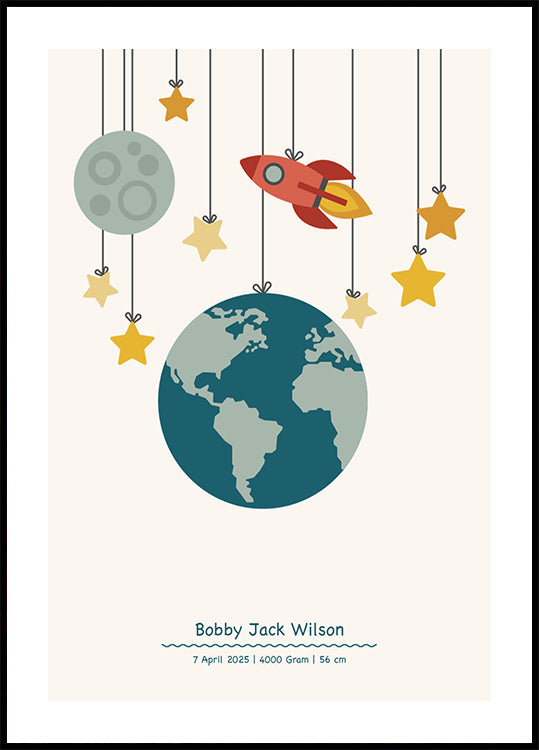 Rocket And Planets, Personalized Baby Boy Plakat - Posterbox.dk