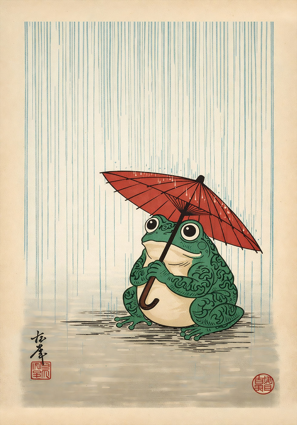 Japanese Frog with Umbrella Poster, Woodblock Art Print - Posterbox