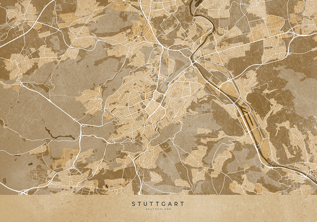 Sepia vintage mapa centra Stuttgartu v Nemecku (NOVINKA)