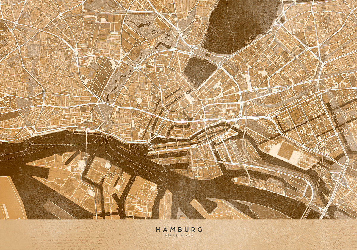 Sepia Vintage Kaart vun Hamburg matten Däitschland (NEW)