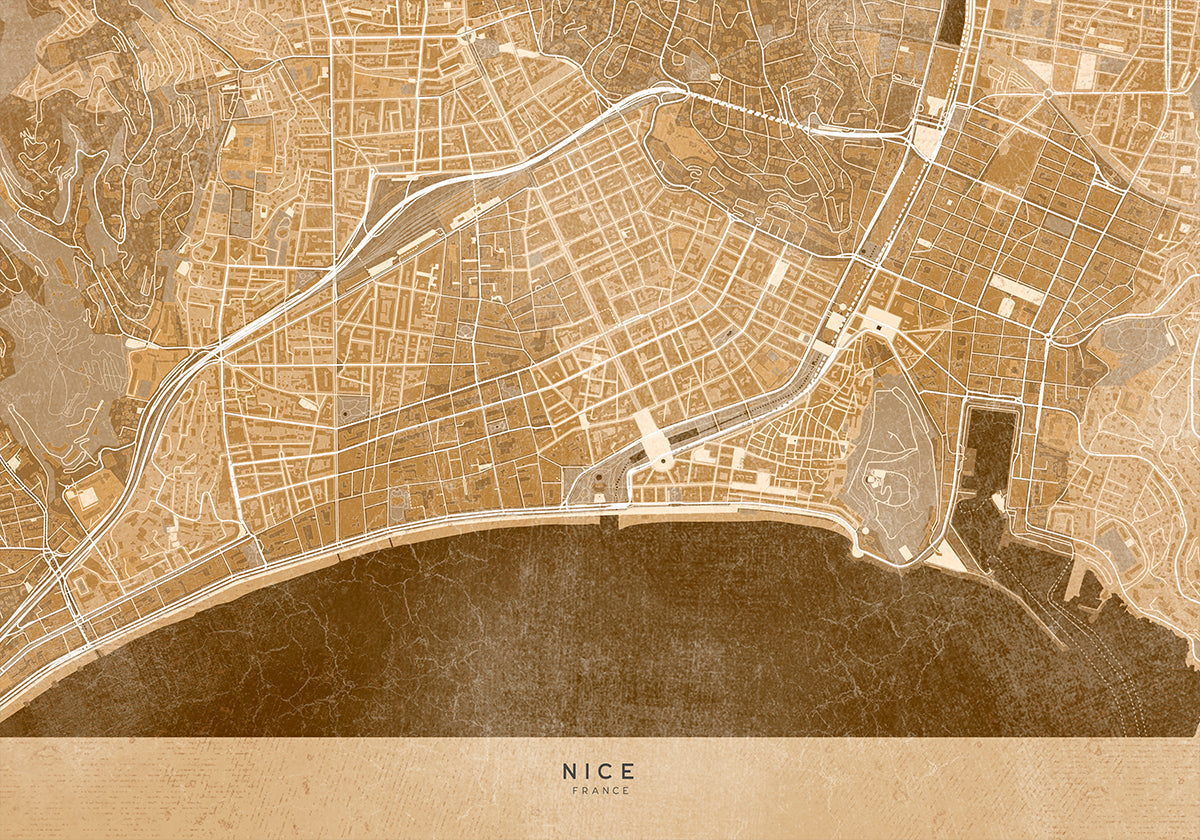 Sepia vintage map of Nice downtown France Plakat