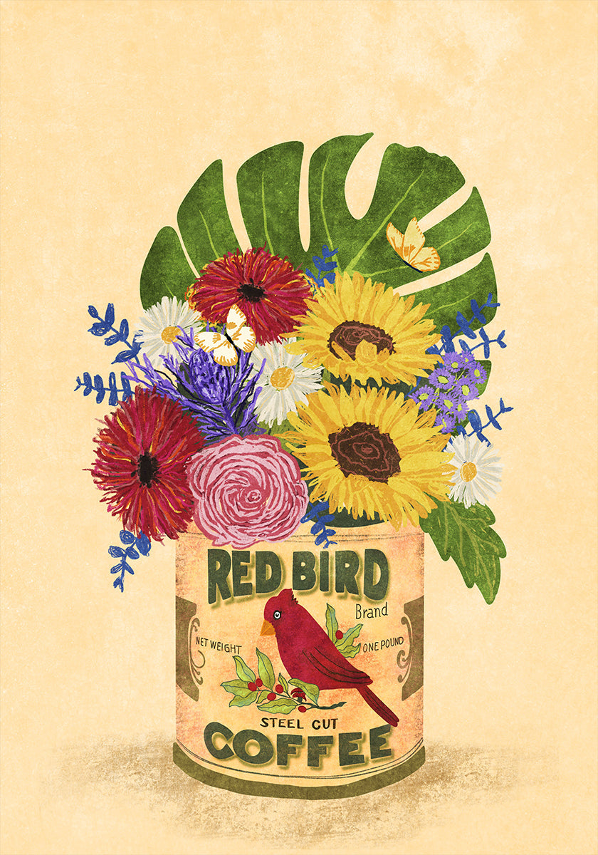 Gėlės vintažinėje kavos skardinėje