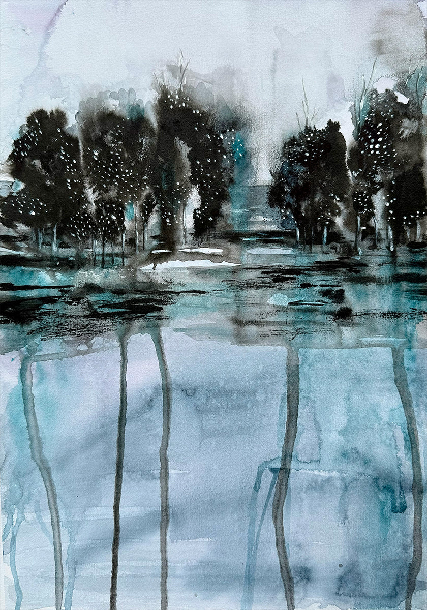 Plakatas medžiai atsispindi vandenyje