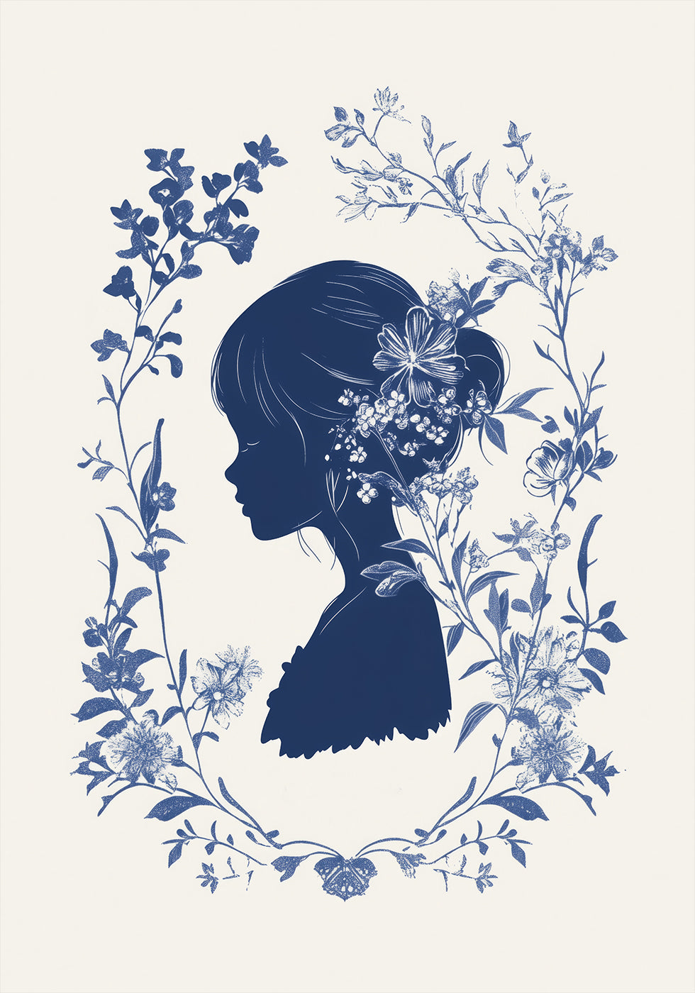 Siluetă florală, Fată înflorită, Poster botanic indigo 