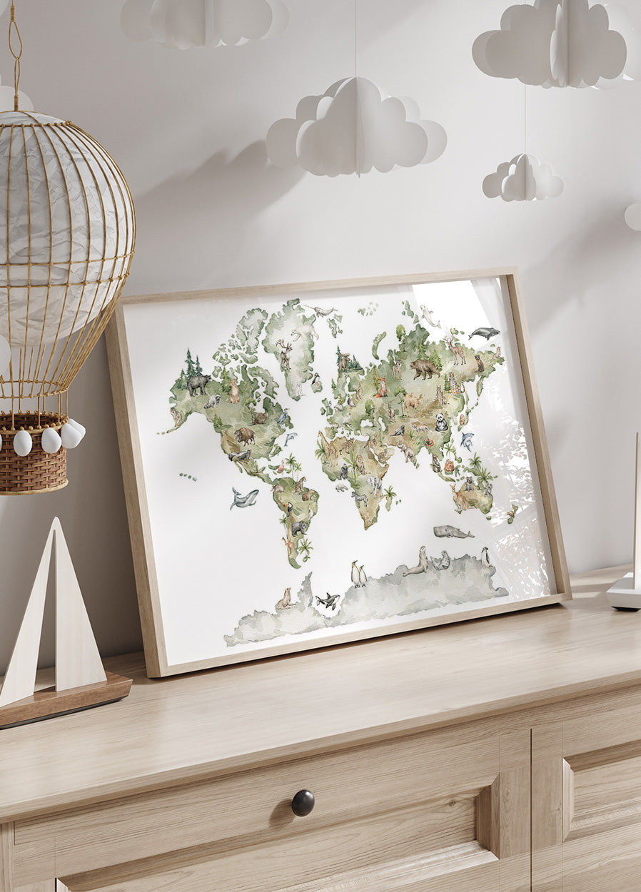 Animal World Map Plakat - Posterbox.dk