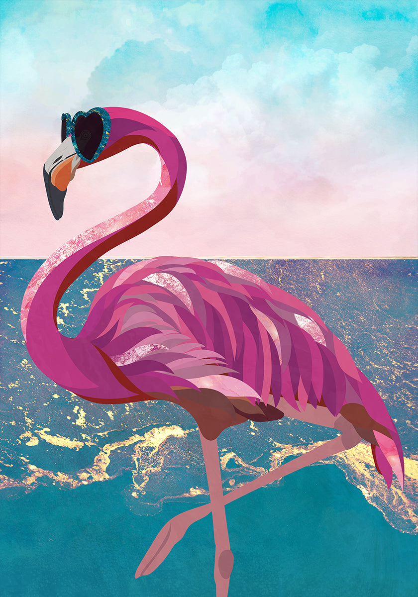 Flamingo geet op d'Plage Affiche