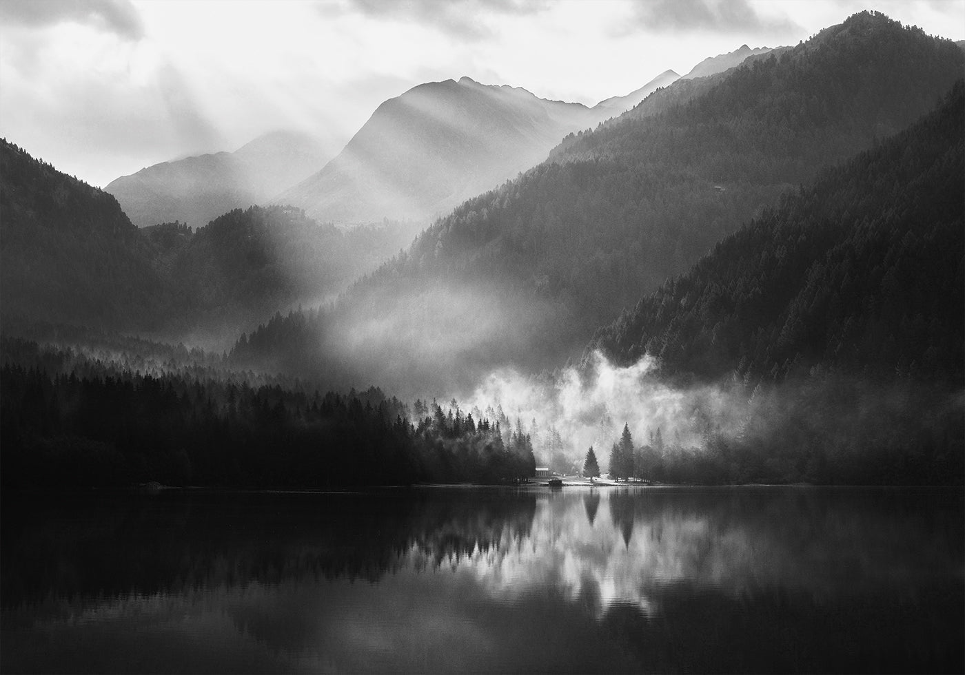Foggy Shore of A Mountain Lake Plakat - Posterbox.dk