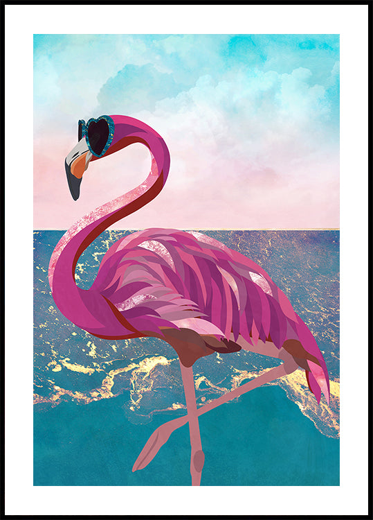 Flamingo geet op d'Plage Affiche