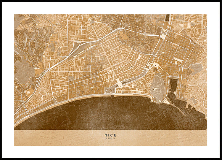 Sepia vintage map of Nice downtown France Plakat