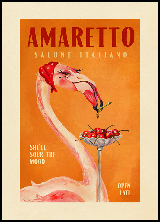 Amaretto Flamingo Art Deco itāļu kafejnīcas ceļojumu mākslas plakāts
