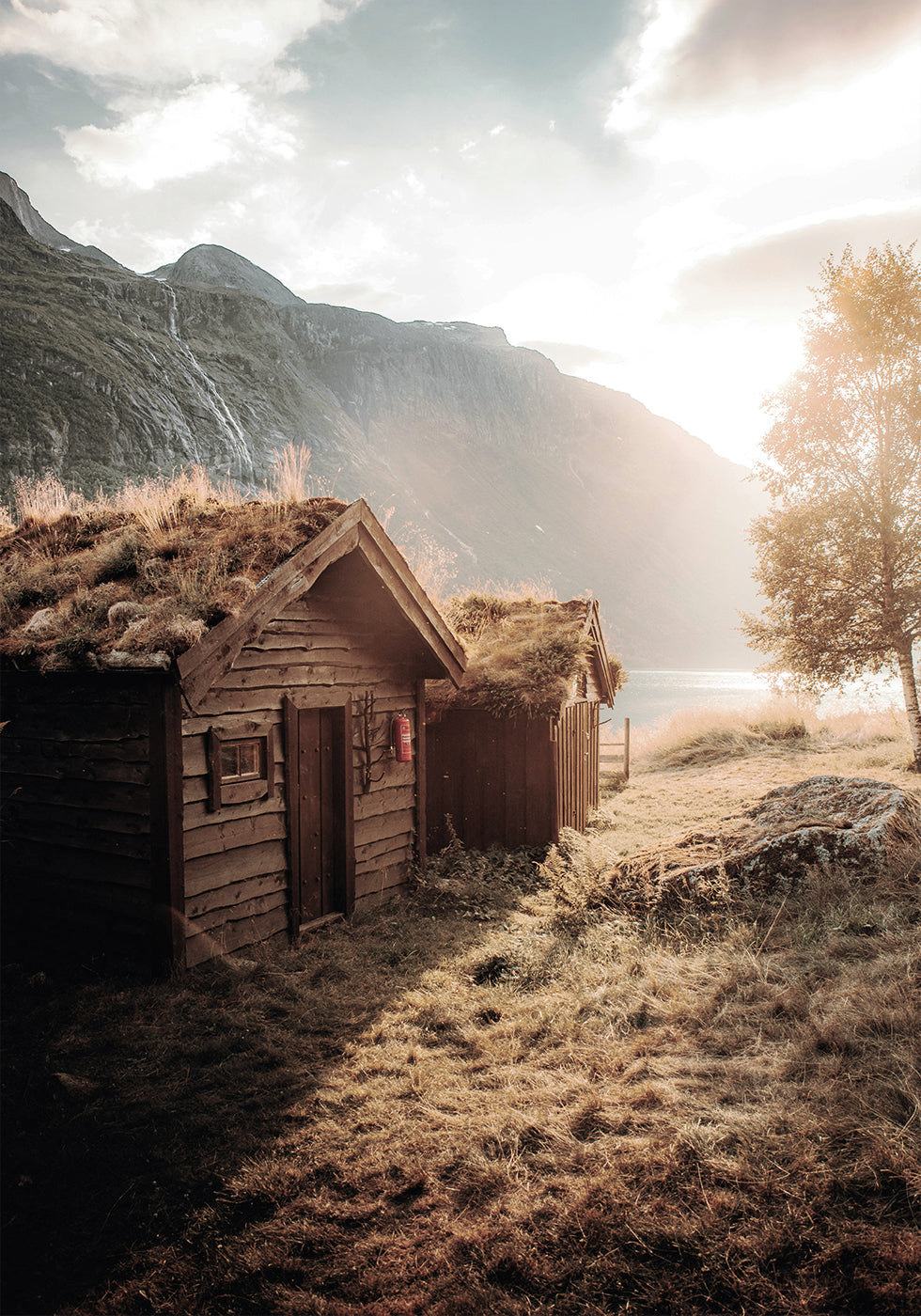 Rustic Houses at Sunset by Lovatnet Lake Plakat - Posterbox.dk