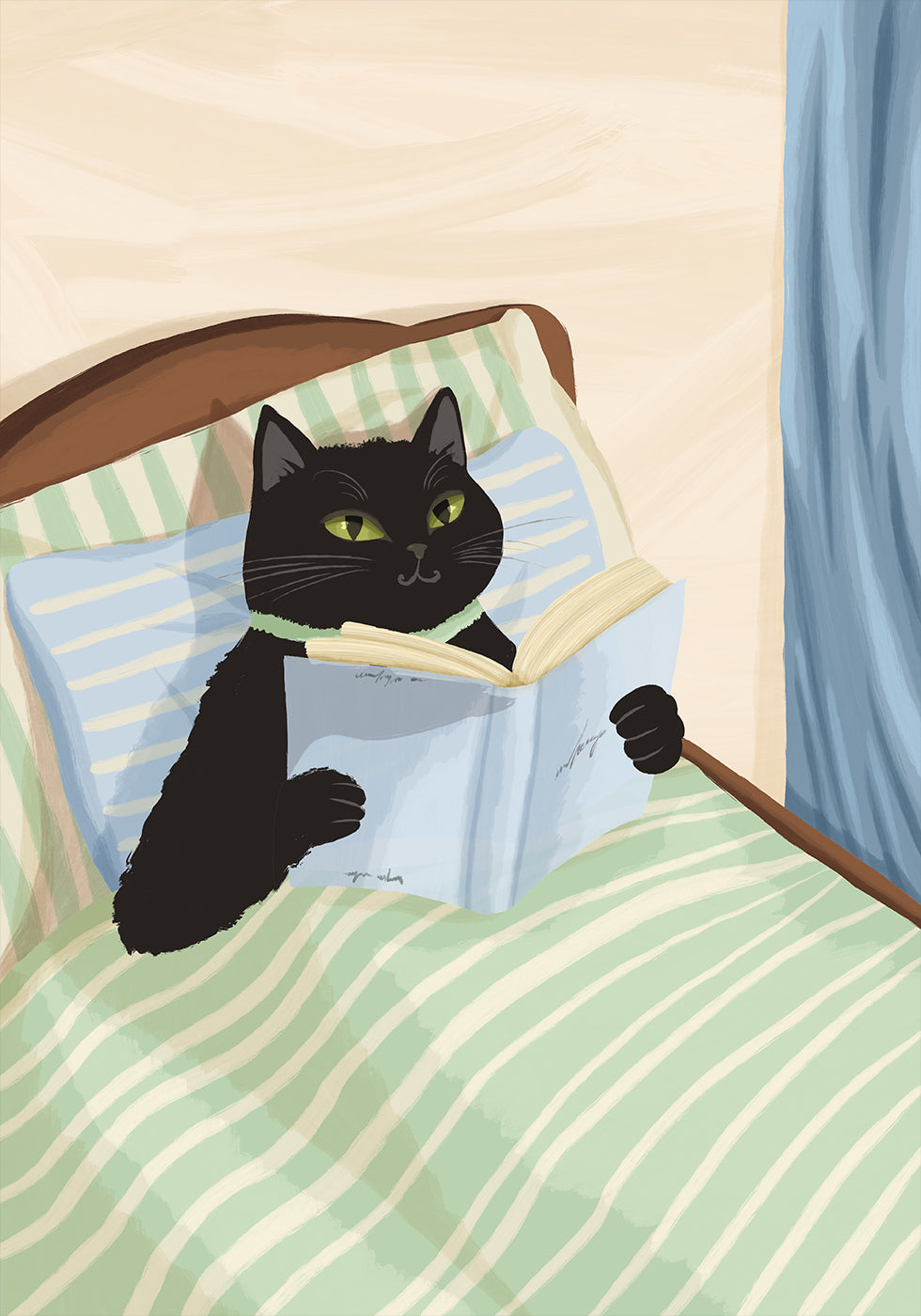 Cat Reading Print – Black Cat Wall Art, Cosy Bedroom Plakat, Book Lover Cat Illustration, Cat in Bed Print, Reading Decor, Cat Book Art Plakat - Posterbox