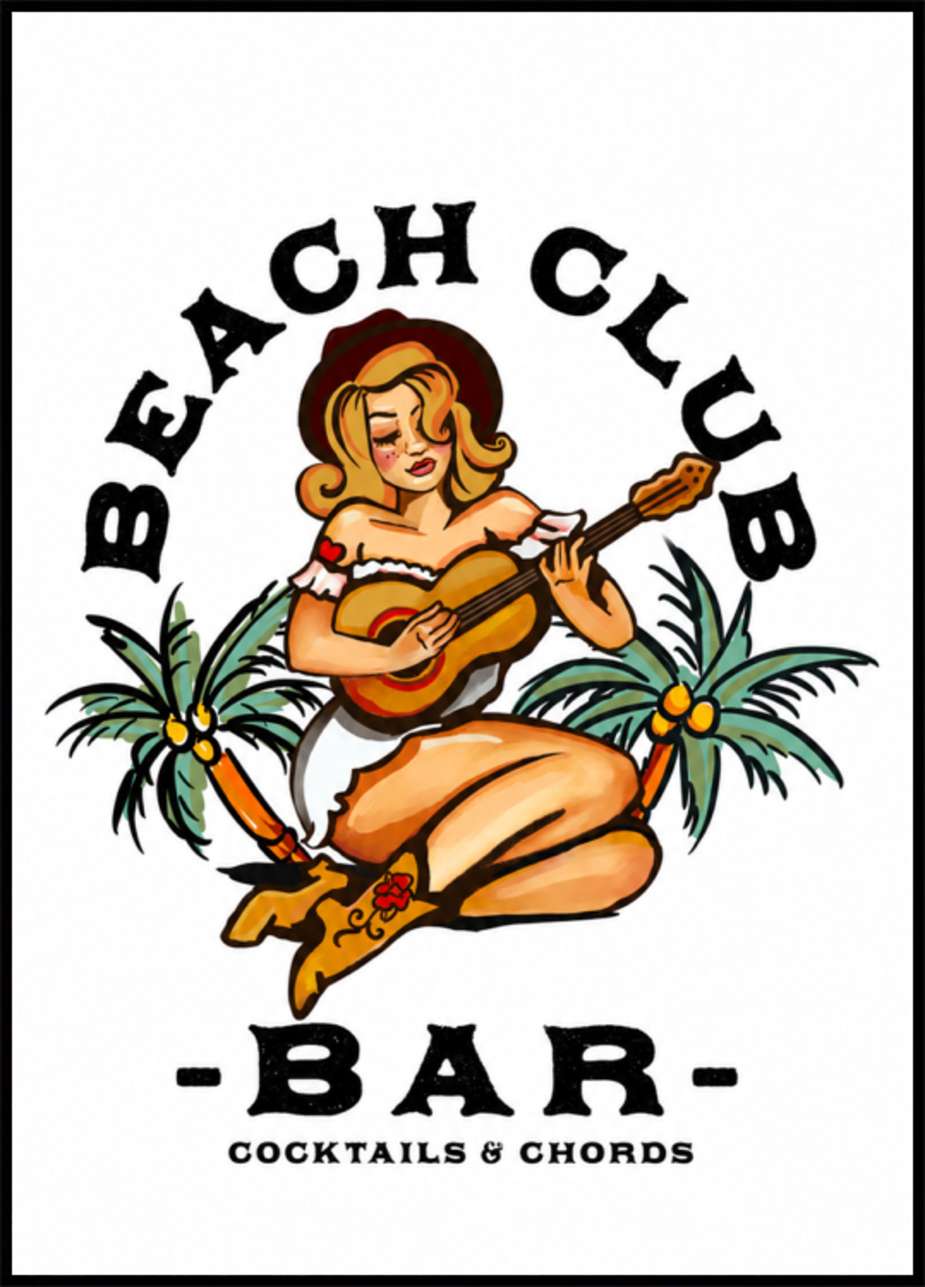 Beach Club Bar. Sailor Jerry Style Pin-up Meedchen Gittar spillt