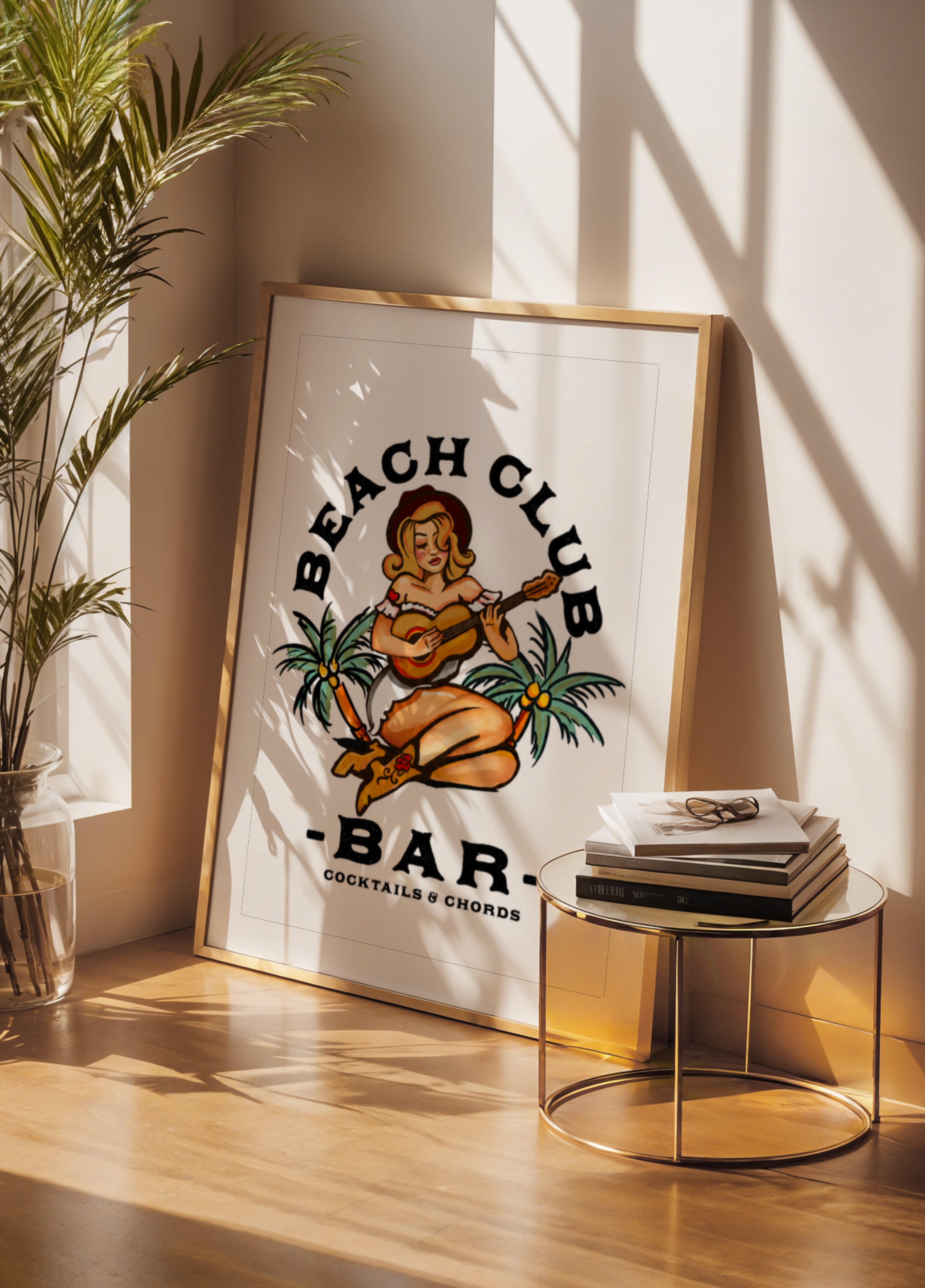 Beach Club Bar. Sailor Jerry Style Pin-up Meedchen Gittar spillt