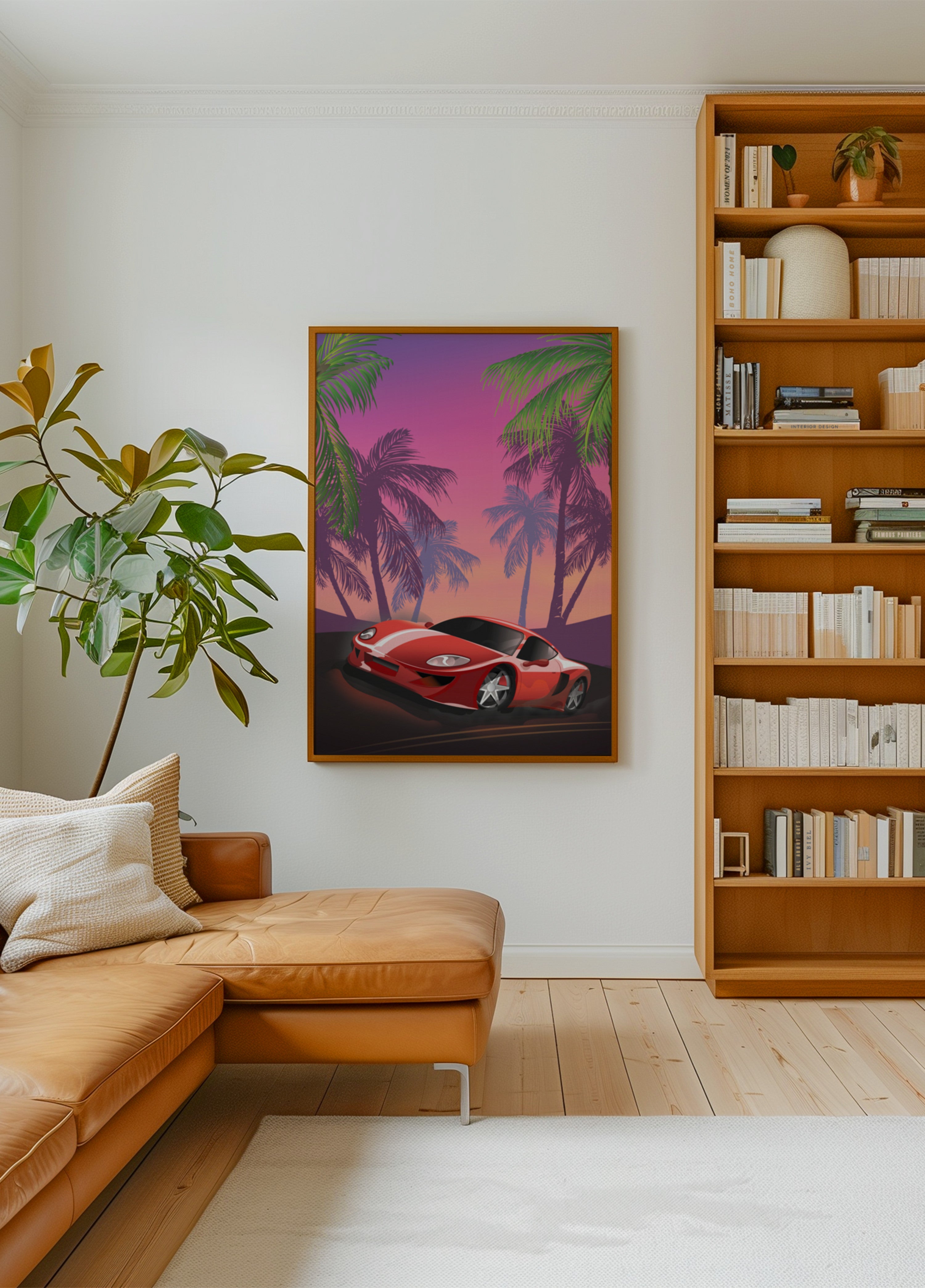 Raudonas sportinis automobilis saulėlydis