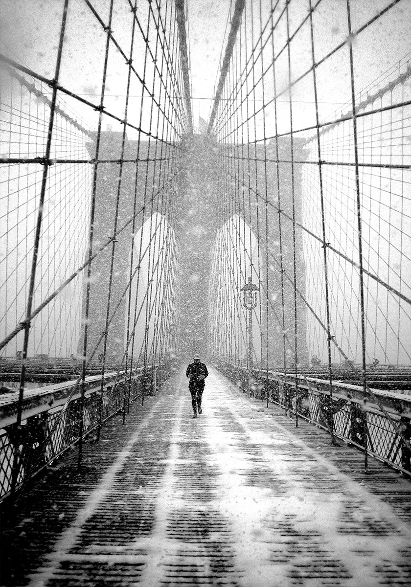 New York Walker in Blizzard - Brooklyn Bridge Plakat - Posterbox
