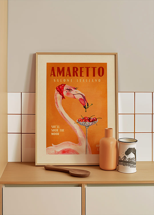 Amaretto Flamingo Art Deco itāļu kafejnīcas ceļojumu mākslas plakāts