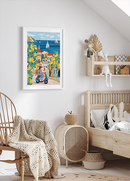 Plagát Cestujúca žena na pobreží Amalfi, Taliansko