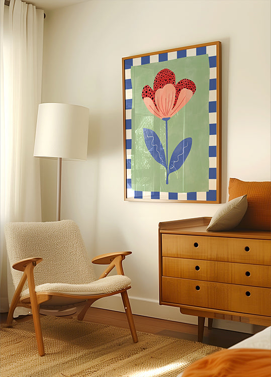 Štylizovaný plagát s kvetmi s červenými okvetnými lístkami a čiernymi bodkami