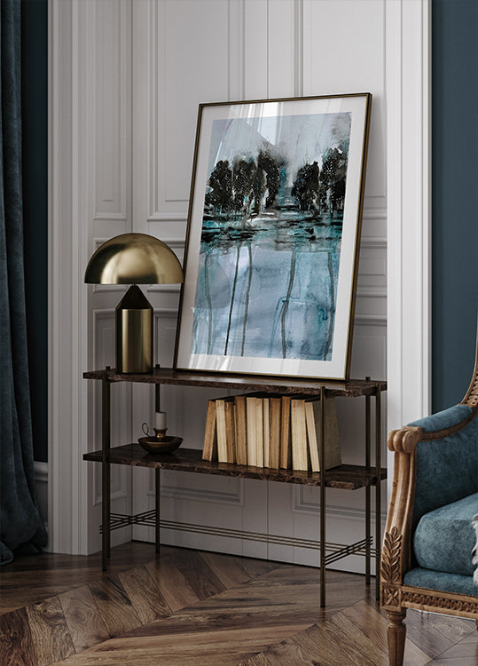 Plakatas medžiai atsispindi vandenyje