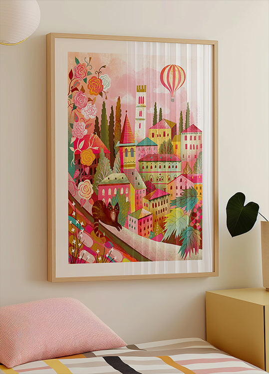 Italijos kaimas su kate ant sienos plakatas