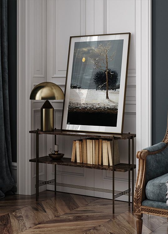 On the Outskirts of a Snowy Evening Forest Painting – Moonlit Winter Landscape Art for Home, Office or Gift Interior Plakat