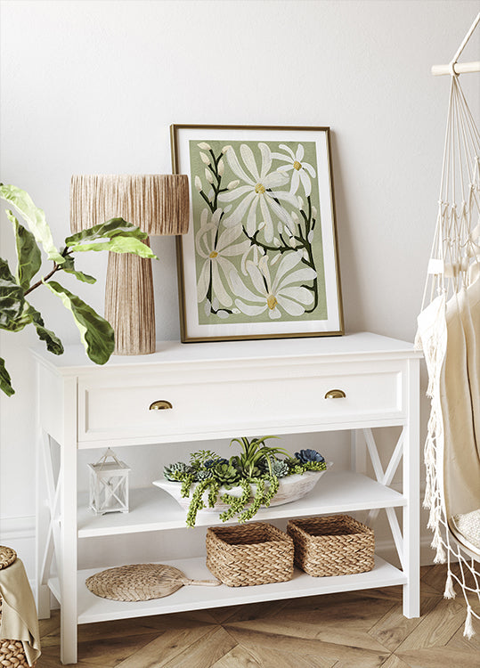 Star Magnolia Blummen op Sage Hannergrond Poster