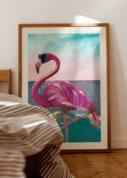 Flamingo geet op d'Plage Affiche
