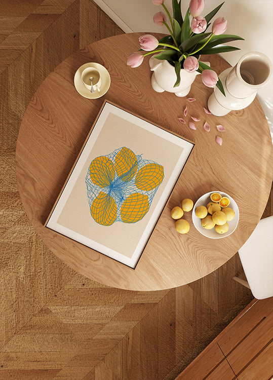 Fënnef Zitrounen an engem Netzbeutel Poster