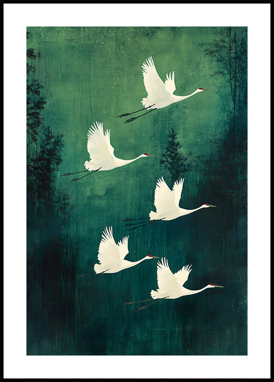 Elegant Flying Cranes Plakat - Posterbox.dk