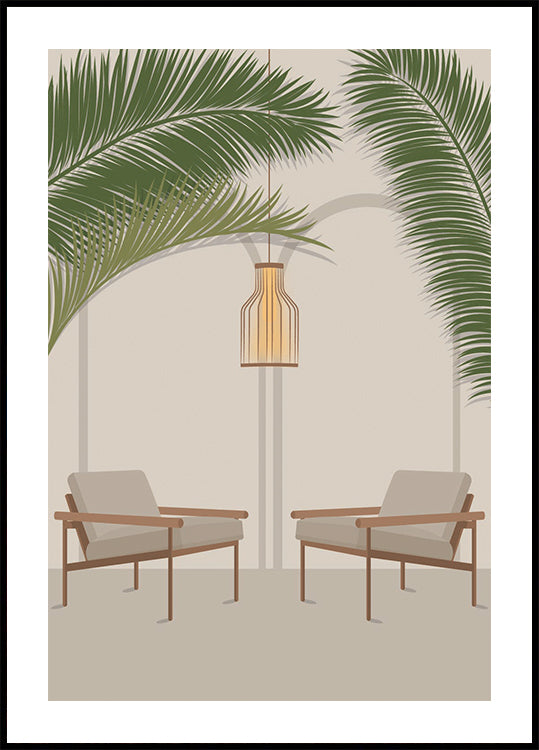 Free Your Mind 1, Modern Tropical Lounge with Palm Leaves and Chairs Plakat - Posterbox